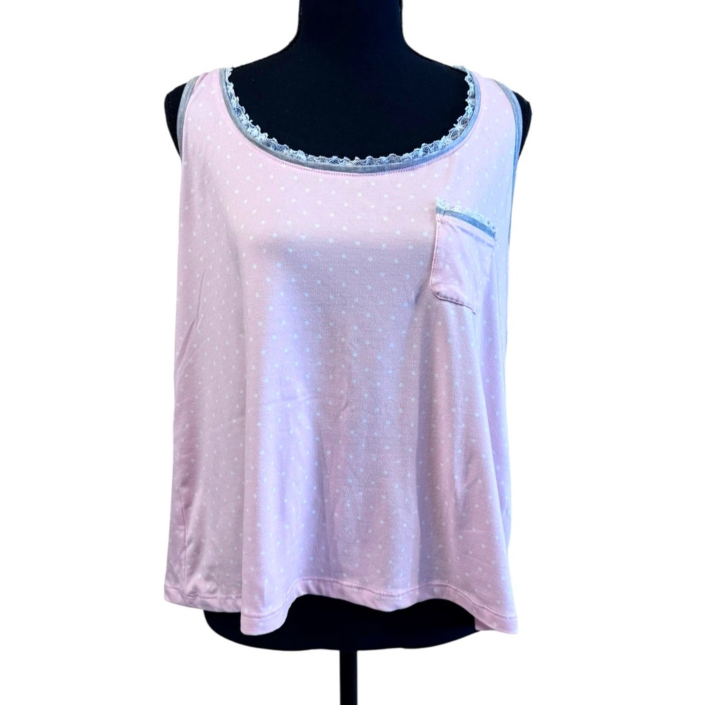 Rene Rofe pink & white polkadot with gray & lace trim sleepwear tank top size L